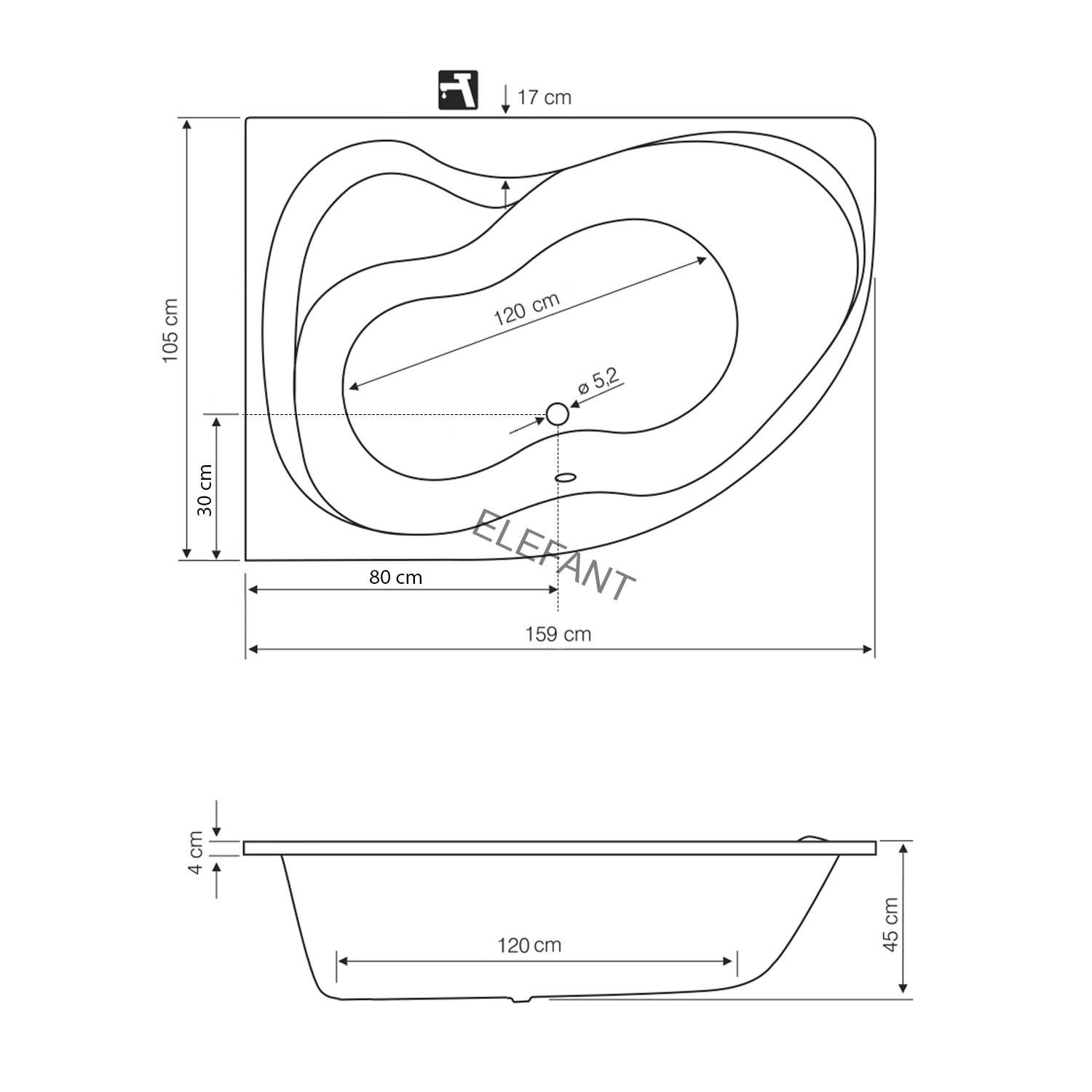 CIDLINA 160 vana 160x105x45cm bez nožiček, levá, bílá